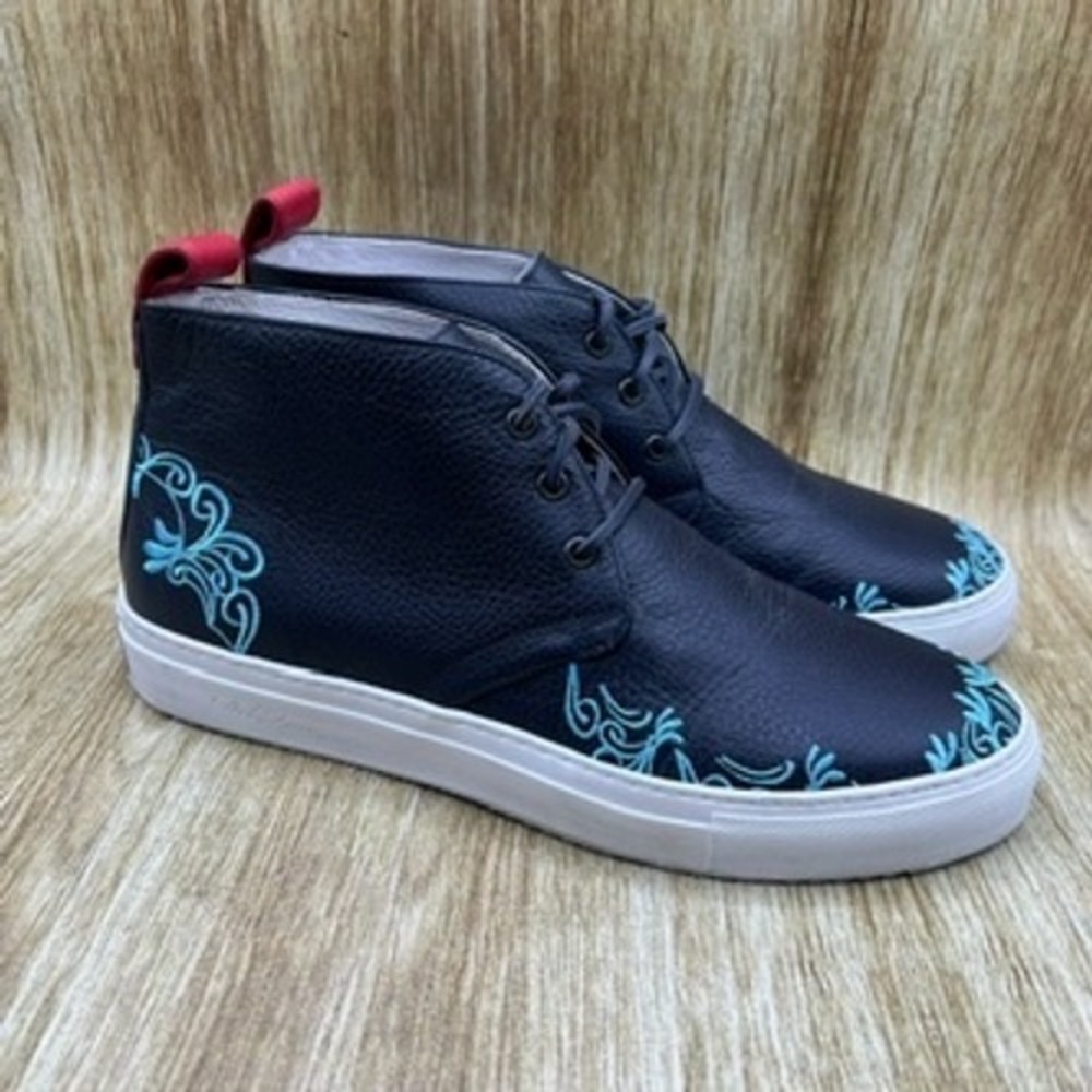 Del Toro Chukka Boots Men's Size 11 Black‎ Blue Floral Embroidery Made in Italy
